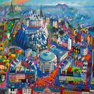 A vibrant, colorful painting of a bustling cityscape with diverse architecture, busy streets, and a mix of natural and urban elements. By Rob Hain